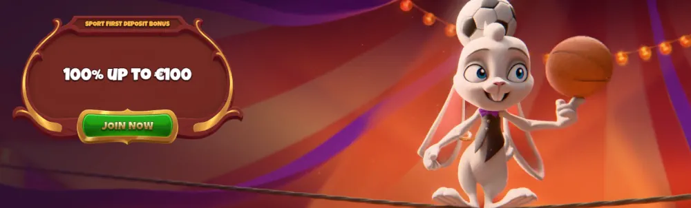 Bannière de bonus de sport Magius présentant un personnage de lapin et une offre de match à 100 %